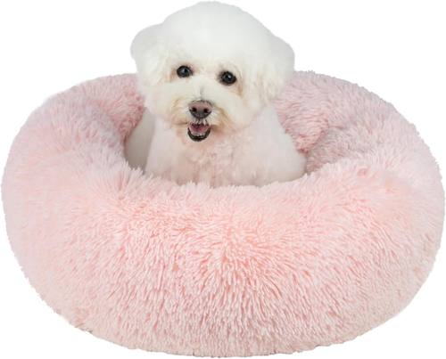 Best Pet Supplies Round Calming Dog Bed for Small, Medium & Large Dogs, Plush Donut Cuddler Pet Bed w/Raised Rim for Head, Neck Support, Anti-Slip Bottom Washable Bed - Pink, 30 x 30 x 8