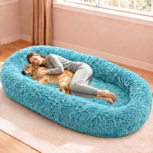 79"x44"x12.5" Human Dog Bed for Adult Faux Fur Washable Human Dog Bed Portable Handle, Egg Orthopedic Foam Human Bed Extra Large with Present Blanket Blue : Pet Supplies